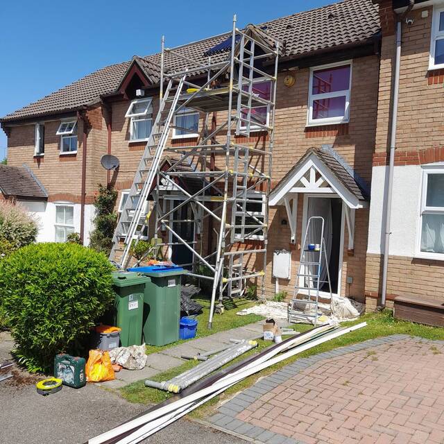 During: scaffold tower up for fascia and soffit replacement